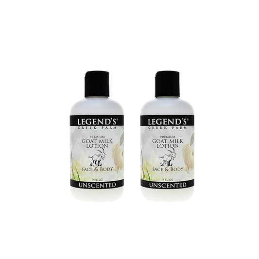 Legend's Creek Farm Goat Milk Lotion - Moisturizing Goat Milk Body Lotion for Body, Hand & Face - 9 oz Body Moisturizer with Shea Butter, Sunflower Oil, Aloe, Handmade in USA (2-Pack, Unscented)