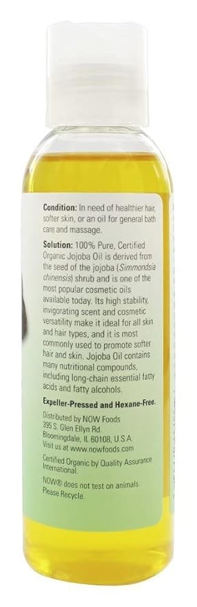 NOW Foods Solutions Certified Organic Jojoba Oil, 4 oz Liquid