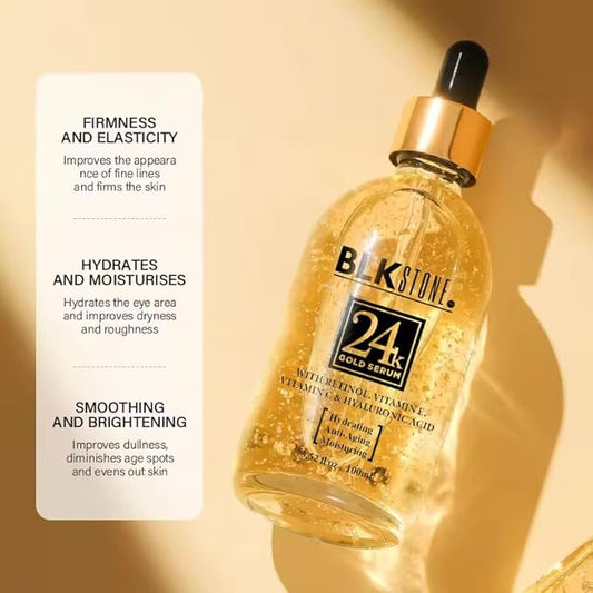 24K Gold Serum for Face, Anti aging, Skin Brightening, Anti-wrinkle serum with Vitamin E, Retinol, Hyaluronic Acid, Vitamin C & Castor oil, Skin Care Glow Serum 100mL