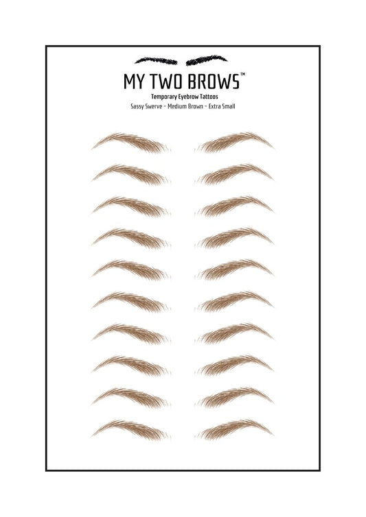 (10 pairs) Medium Brown Temporary Eyebrow Tattoo - Extra Small Size - Waterproof & Smudgeproof - Sassy Swerve Style Eyebrow Stickers - Sheet Lasts up to 30 Days - Won't Work on Existing Brows