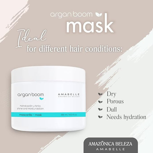 AMAZONICA BELEZA Argan Oil Hair Mask for Intense Moisturizing and Nourishment, Hydrate & Repair Moisture Hair Mask for Dry Hair, Mascarilla Hidratante con Vitamina E,10. Oz