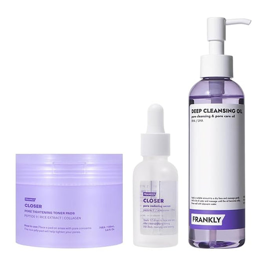 FRANKLY Pore Perfecting Set : Closer Serum, Toner Pads & Cleansing Oil | Deep Cleansing, Hydration, Pore Refining | For Sensitive, Oily & Acne-Prone Skin | Vegan & Fragrance-Free| Korean Skincare set