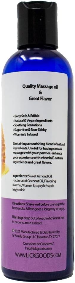 Honey Flavored Massage Oil for Couples – Edible Massaging Lotion with Vitamin E and Sweet Almond and Coconut Oil is Non Sticky and Gentle on Skin – Natural, Relaxing and Vegan Friendly (4 oz)