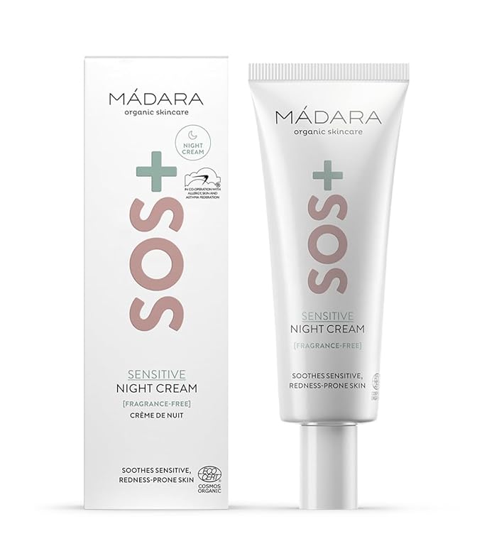 MÁDARA Organic Skincare | SOS+ SENSITIVE Night Cream, – Calming moisture for sensitive, reactive and redness-prone complexions, Dermatologically proven to soothe redness, Fragrance and colourant-free