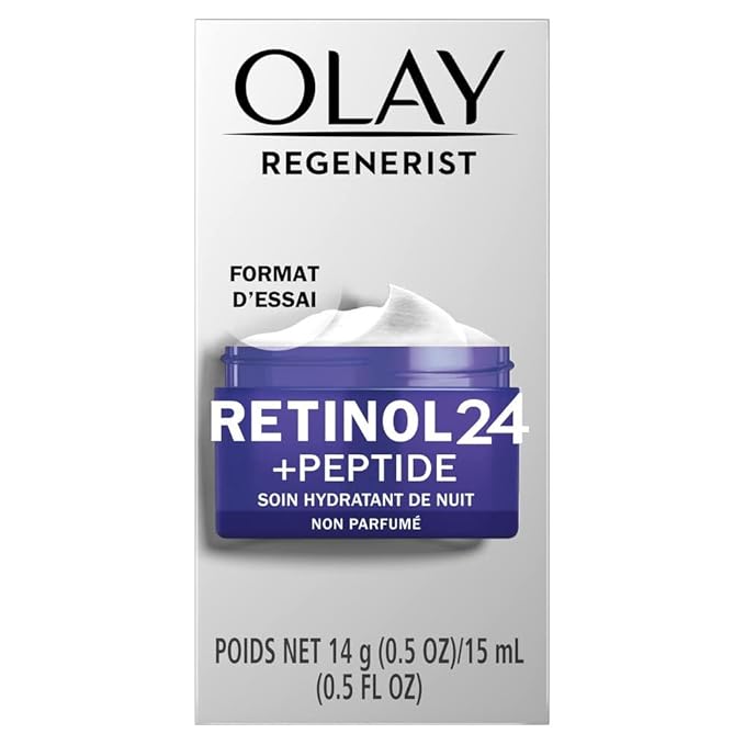 Olay Retinol 24 Face Moisturizer, Anti-Aging Night Cream for Women, Trial Size, Fragrance-Free, Non Greasy - Anti-Wrinkle, Smooth Fine Lines, Tightening Skin Care - Peptides, Glycerin, 0.5 Oz