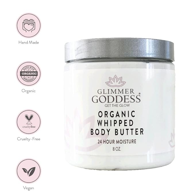 GLIMMER GODDESS Organic Whipped Body Butter- Rosemary Mint, Vegan, 24 Hr Hydration, Less Stretch Marks, All Skin Types, Child-Safe, Organic, 8 oz
