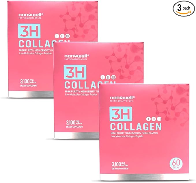 3H Collagen Peptide 60 Sticks X 3 Boxes for 3 Months - I, II, & III with Vitamin A,C, E Hydrolyzed Elastin Peptide and Hyaluronic Acid - Hair, Nail, Skin, and Joint Support (180 Count)