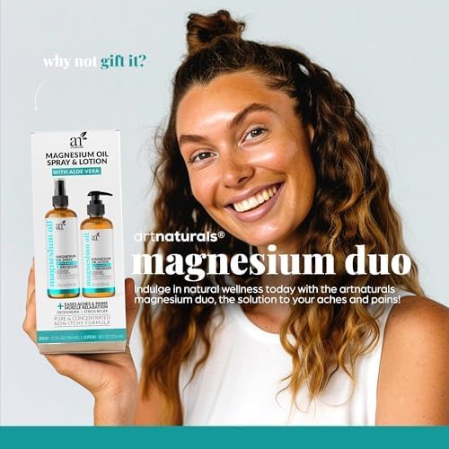 ArtNaturals Magnesium Oil Spray 12 oz + Body Massage Lotion Set 8oz for Feet & Sleep - Extra Strength Cream Ultra-Pure, Relief & Relaxation, Muscle Health Leg & Joint Care Topical Non Itch