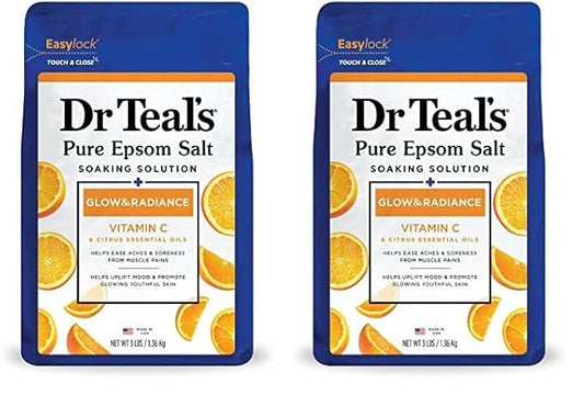 Dr Teal's Salt Soak with Pure Epsom Salt, Glow & Radiance with Vitamin C & Citrus Essential Oils, 3 lbs (Pack of 2)