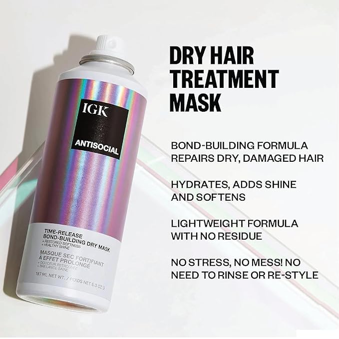 IGK Hair Treatment Full Size Set | Antisocial Dry Hair Mask + Good Behavior Spirulina Spray | Overnight Bond-Building + Keratin Like Smoothing Spray | Vegan + Cruelty-Free | Set of 2