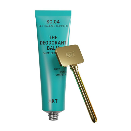 AKT, THE DEODORANT BALM. Award winning, multi-use, natural deodorant. Plastic Free. Gender Free. Aluminium Free. 100% effective — 1 tube lasts up to 3 months. SC.04 HALCYON SUMMERS. 50ml/1.76 FL.OZ