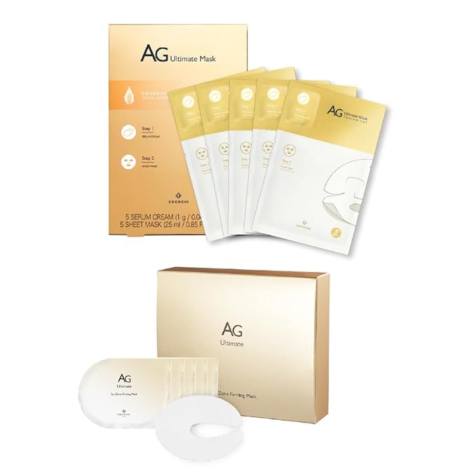 2 Steps Brightening Facial Mask Pack of 5 and U-Shaped Firming Eye Patches 5 Pairs, Under Eye Collagen Mask Pads for Puffy Eyes and Dark Circles, Japanese Skincare for All Skin Type