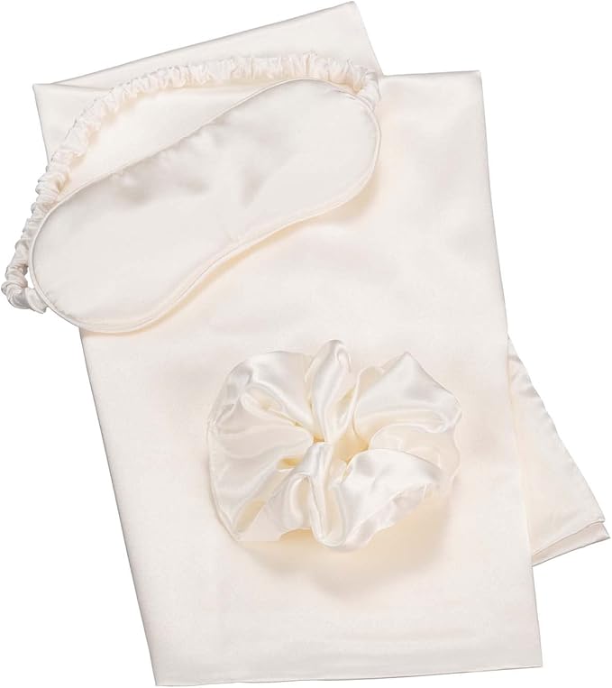 Vegan Silk Sleep Set, Silky Pillowcase with Large Scrunchie and Eye Mask for Hair and Skin, Self Care Essential Satin Night Routine Kit (Cream Color)