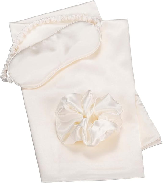 Vegan Silk Sleep Set, Silky Pillowcase with Large Scrunchie and Eye Mask for Hair and Skin, Self Care Essential Satin Night Routine Kit (Cream Color)