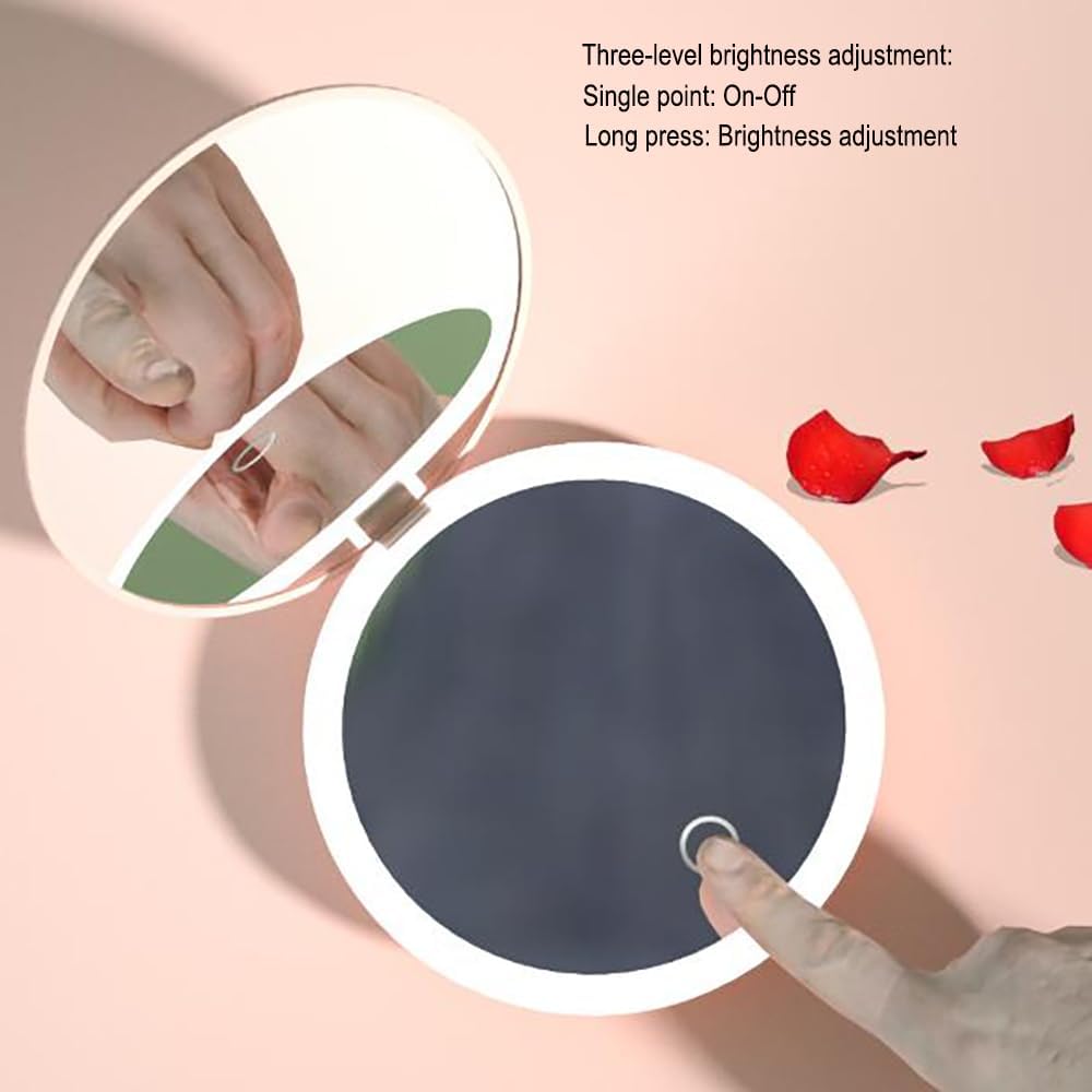 LED Mini Makeup Mirror, Compact Folding Travel Mirror with Touch Control, Round (White, 3.5 inch)