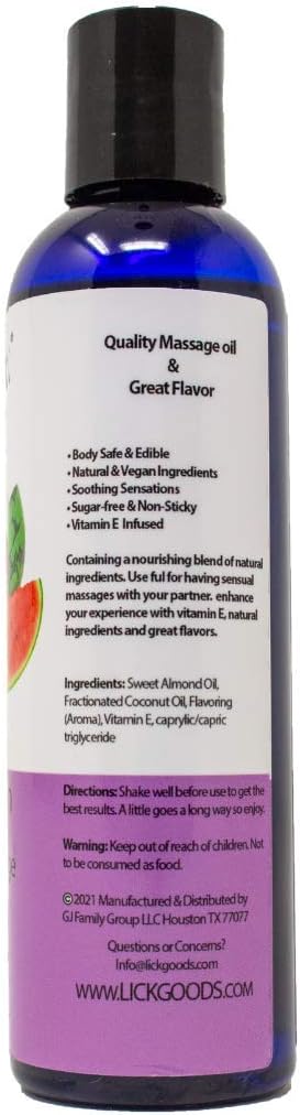 Watermelon Flavored Massage Oil for Couples – Edible Massaging Lotion with Vitamin E, Sweet Almond and Coconut Oil is Non Sticky and Gentle on Skin – Natural, Relaxing and Vegan (4 oz)