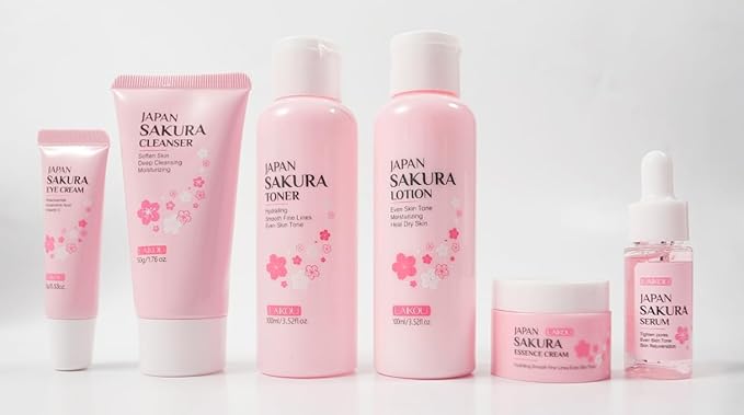 Skin Care Set JAPAN SAKURA Women Beauty Gift Sets Skin Care Kit with Cleanser, Toner, Lotion, Serum, Eye Cream, Face Cream Travel Kit for Women Teen Girls Mom Daughter TSA-friendly Sizes 6pcs