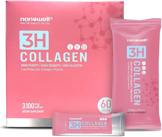 3H Collagen Peptide 60 Sticks X 3 Boxes for 3 Months - I, II, & III with Vitamin A,C, E Hydrolyzed Elastin Peptide and Hyaluronic Acid - Hair, Nail, Skin, and Joint Support (180 Count)