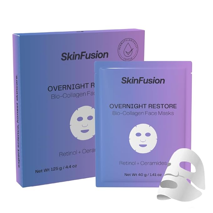 Bio-Collagen Sheet Face Masks (Overnight Restore, 5 Pack) with Retinol + Ceramides - Anti-Aging, Minimize Wrinkles and Pores, Deep Hydration, Firming - Mother's Day Gifts for Mom - K Beauty