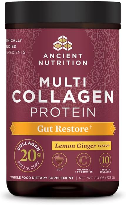 Ancient Nutrition Collagen Powder Protein, Multi Collagen Protein, Hydrolyzed Collagen Peptides Supports Skin and Nails, Joint Supplement (Gut Restore, 20 Servings)