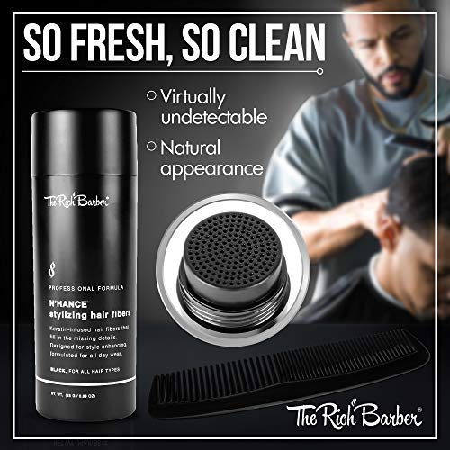The Rich Barber N’Hance Hair Building Fibers, 3 Month Supply - Barber Hair Thickening Fibers, 25 grams - Grey Hair Concealer Spray - Sharper Hairlines, Thicker Beard & Fuller Hairstyling (Black)