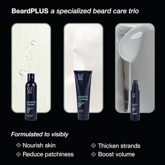 ZEUS BeardPLUS Essential Beard Growth Set, Premium Shampoo & Conditioner Wash and Growth Serum for Thicker & Stronger Facial Hair with Biotin (Made in USA) 3-Piece Set