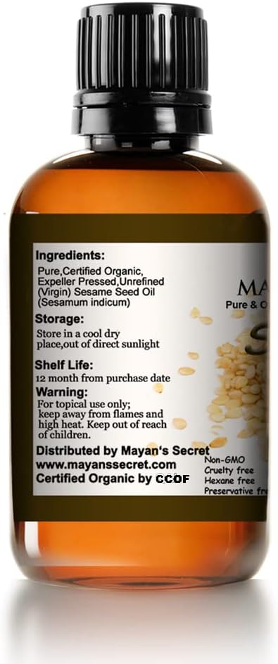 Mayan's Secret USDA Certified Virgin Organic Sesame Seed Oil Unrefined 100% Pure Natural For Skin, Body, Face, and Hair Growth Large 4oz Glass Bottle