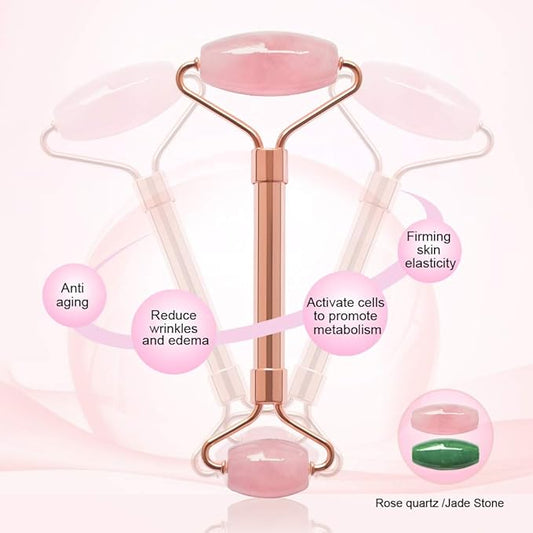 2 Pack Jade Facial Roller & Rose Quartz Face Roller for Wrinkles and Puffiness, Natural Jade Stone Face Massager Roller