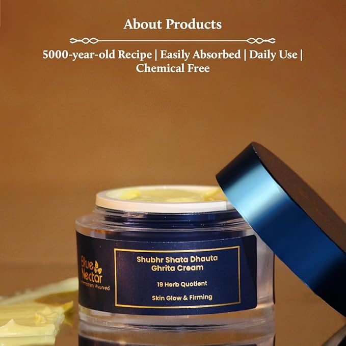 Blue Nectar Shata Dhauta Ghrita Face Cream for Women | 100 Times Washed Ghee Face Moisturizer for Women | Truly Natural Face Cream for Skin Firming (19 Herbs, 1.7 Oz)