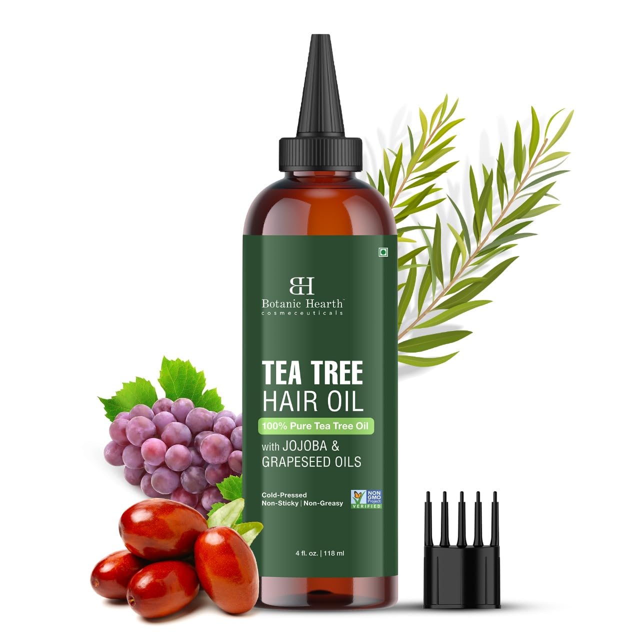 Botanic Hearth 100% Pure Tea Tree Oil (4 Fl Oz) | With Jojoba & Grapeseed Oils | Soothes Itchy Scalp & Fights Dandruff | Hair Oil Repairs Dry Damaged Hair, Strengthening, Healthier Hair- Hair Tonic