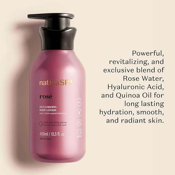 Nativa SPA Rosé Body Lotion by O Boticario, Fragranced Skin Moisturizer with Purified Quinoa Extract, 13.5 Ounce