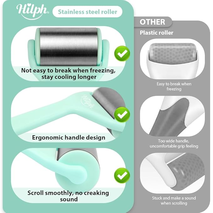 Hilph Ice Roller for Face Metal, Stainless Steel Ice Face Roller for Skin Care, Cold Facial Massager Roller for Puffiness, Eye Bags, Wrinkles, Fine Lines Anti-Aging (Green)