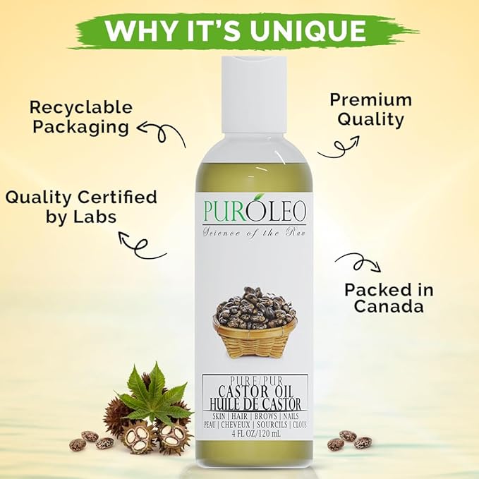 PURÓLEO 100% Natural and Pure Castor Oil 4 Fl Oz / 120 ML (MADE IN CANADA) | Moisturizer & Carrier Oil | Hair Skin Body, Aromatherapy, Massage, Makeup Remover
