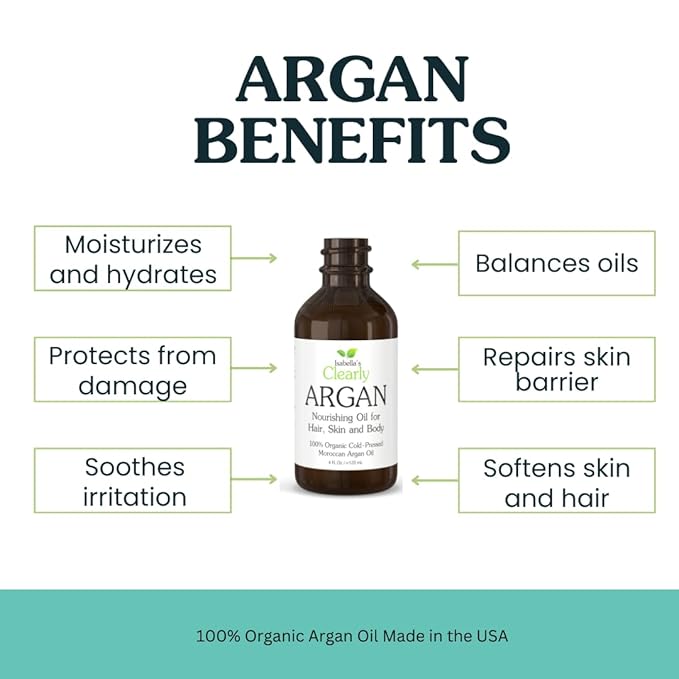 Isabella's Clearly Organic ARGAN Oil of Morocco | 100% Pure Cold Pressed Moroccan Oil for Hair, for Face, for Scalp, for Skin, for Nails and for Body | Virgin, Unrefined, In Glass Bottle (Bulk 4 oz)