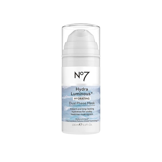 No7 HydraLuminous+ Hydrating Dual Phase Face Mask - Hyaluronic Acid Overnight Face Mask with Vitamin B3 Niacinamide for Skin Barrier Repair & Radiant-Looking Skin (3.5 Fl Oz)