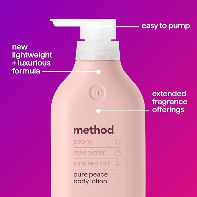 Method Body Lotion, Pure Peace, Rose Water, Peonies + Pink Sea Salt notes, 24 Hours of Moisture, 14 oz