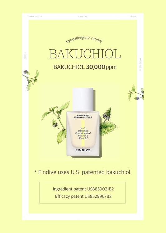 [FINDIVE OFFICIAL] Bakuchiol Toning Ampoule, 3% Bakuchiol, Plan-Based Retinal Alternative, Pure Vitamin C, Pure Vitamin E, Bisabolol, Brightning, Anti Wrinkle Serum, 1.01fl.oz