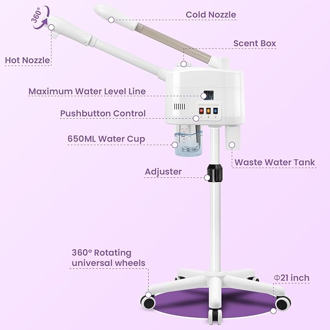 Professional 2 in 1 Ozone Facial Steamer on Wheels - Hot & Cold with Time Setting, Adjustable Height for Spa, Salon & Home