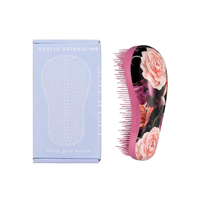 Hand Grip Brush, Gentle Detangling, Detangler Hair Brush for All Hair Types. For use on Wet or Dry Hair (Fuchsia Pink Floral)