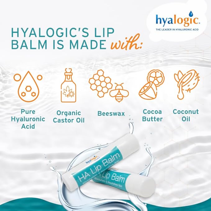 Hyalogic HA Lip Balm - Hyaluronic Acid & Organic, Natural Coconut Oil - Soothes Dry, Chapped Lips - Plumping, Moisturizing & Nourishing - Unflavored - Fragrance & Dye Free - 4.25g - 1 Stick