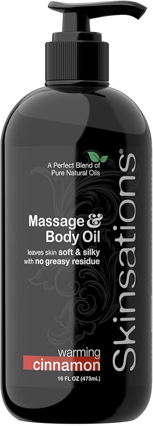 Skinsations - Cinnamon Massage Oil for Massage Therapy - 16oz | Warming Blend of Sweet Almond, Fractionated Coconut, Grapeseed and Jojoba Oil | Scented Body Oil, Sore Muscles, Aromatherapy