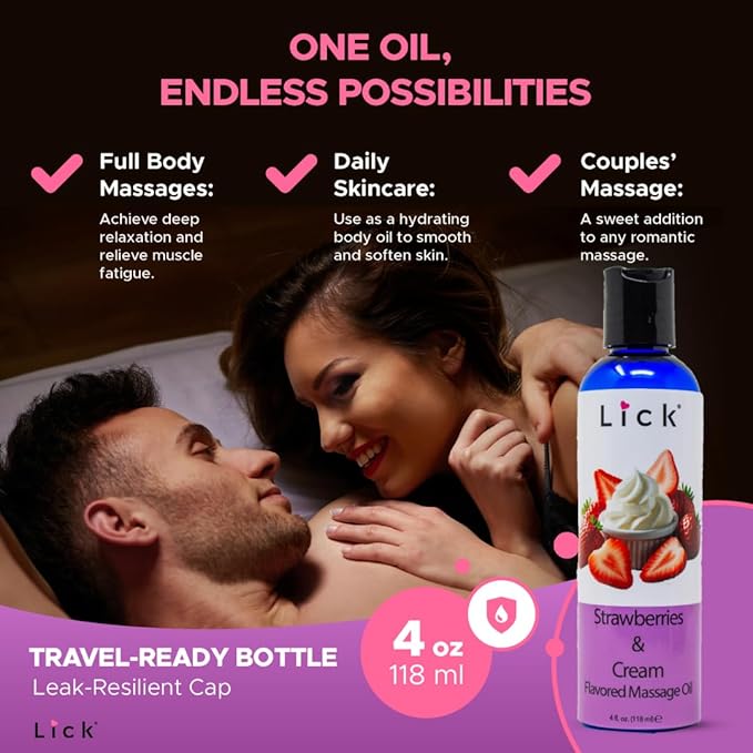 Lick Strawberries and Cream Flavored Massage Oil – Romantic, Body Safe, Non-Greasy Formula, Date Night 4 oz