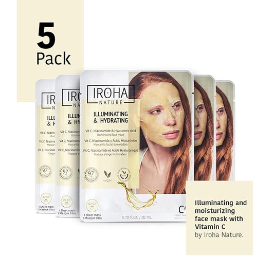 Vitamin C & Hyaluronic Acid Face Mask (5 Masks) + Eye Mask Patches with Vitamin C, Cucumber and Hyluronic Acid, Anti-Fatigue and Illuminating (5 Pairs)- Vegan, Korean Skin Care- Total Bundle 10 pieces