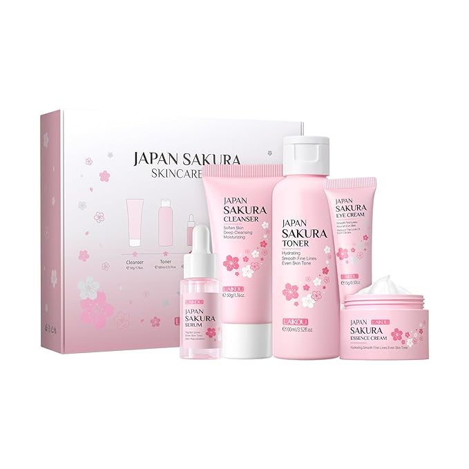 Skin Care Set JAPAN SAKURA Women Beauty Gift Sets Skin Care Kit with Cleanser, Toner, Serum, Eye Cream, Face Cream Travel Kit for Women Teen Girls Mom Daughter Birthday TSA-friendly Sizes 5pcs