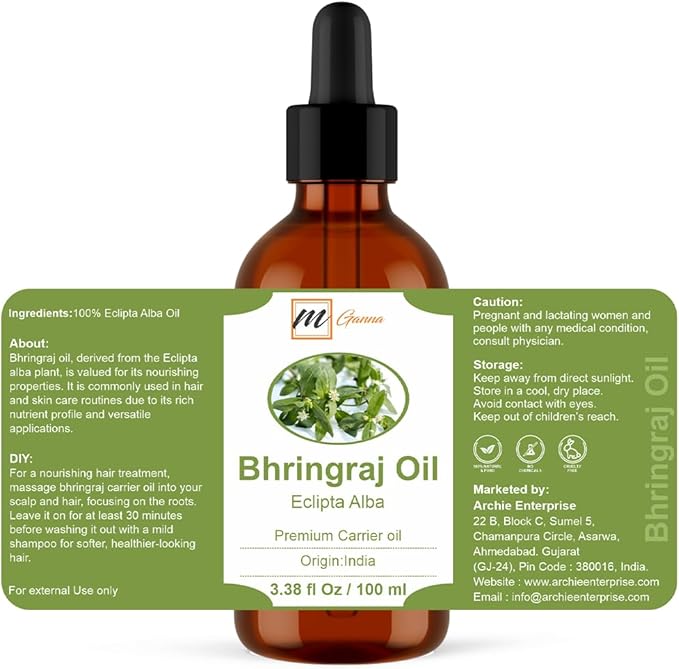 Natural Bhringraj Oil 3.38 Fl Oz / 100 ml for Skin Care, Hair Care, Scalp Massage & Body Massage