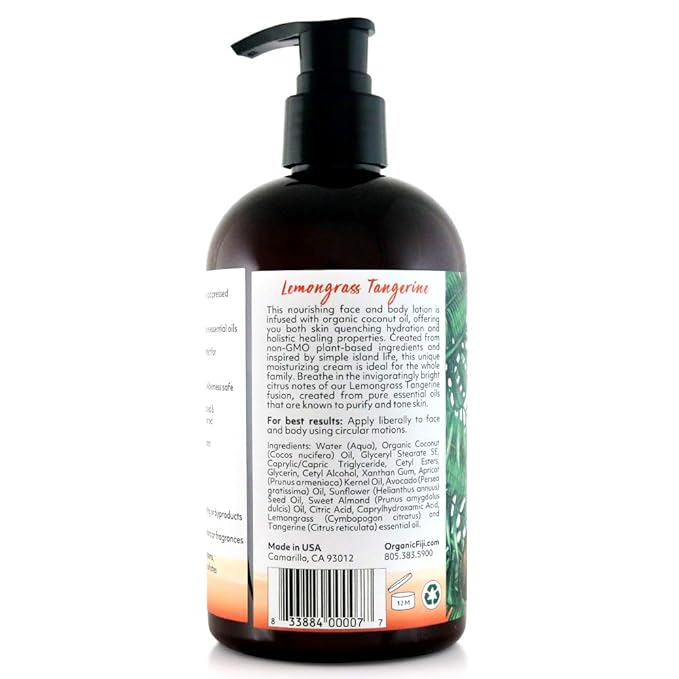 Coco Fiji Face & Body Lotion Infused With Coconut Oil | Lotion for Dry Skin | Moisturizer Face Cream & Massage Lotion for Women & Men | Lemongrass Tangerine 12 oz, Pack of 3