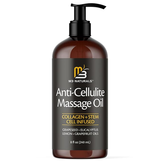M3 Naturals Anti Cellulite Oil and Silicone Body Brush – Collagen and Stem Cell Skin Tightening Formula for Smoothing and Firming – 8 Fl Oz