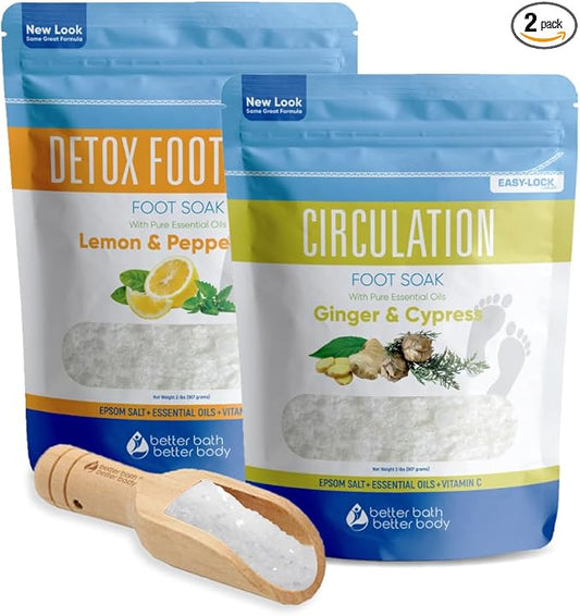 2 Pack Foot Soak Salts Bundle for DIY Foot Spa with Bamboo Scoop (2 lbs Each 4 lbs Total) for Discomfort and Dry Skin Made in USA with BPA Free Easy Lock Pouch