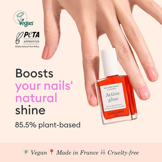 Manucurist Active Glow Cranberry All-in-One Perfecter Nail Polish & Care - No Lamp - Vegan & Made in France Ultra-Glowy Coral Mirror-Like Shine - Nail Concealer & Care - Plant-Based Ingredients