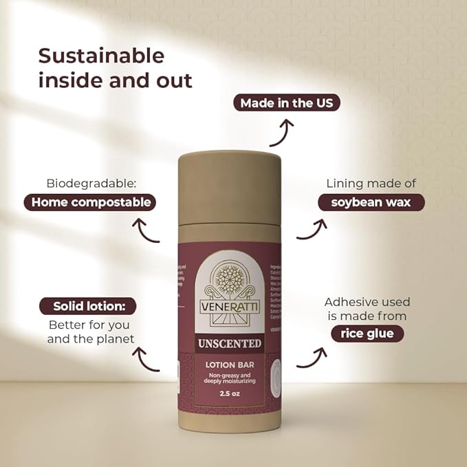 Lotion Bar Unscented - Vegan, Made in the US, Eco Friendly Stick - Quick Absorption, Non-Sticky - Natural Ingredients Solid Body Lotion for Women Dry Skin - Travel Body Lotion